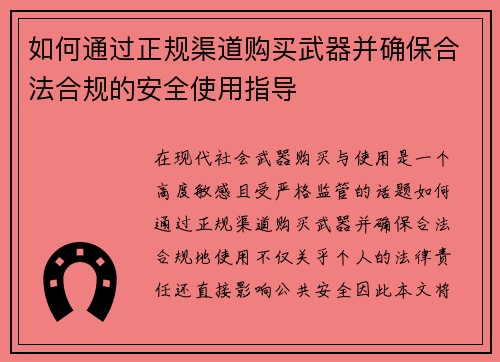 如何通过正规渠道购买武器并确保合法合规的安全使用指导